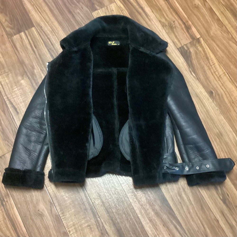 L&J Studios Womens Black Faux Shearling Aviator Moto Jacket Belted XS Gothic - Picture 9 of 11